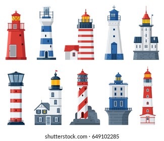 Cartoon lighthouse vector set. Red and blue sea guiding light houses buildings. Sea pharos or beacon collection isolated on white background. Searchlight towers of different types in flat design.