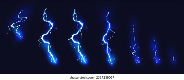 Cartoon lightning animation. Animated frames of electric strike, magic electricity hit and thunderbolt effect vector illustration set. Game asset collection of blue glowing storm bolts