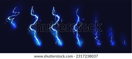 Cartoon lightning animation. Animated frames of electric strike, magic electricity hit and thunderbolt effect vector illustration set. Game asset collection of blue glowing storm bolts Foto stock © 
