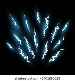 Cartoon lightning animation.Blue glowing storm lightning.Electric strike, magical electricity strike with lightning effect.