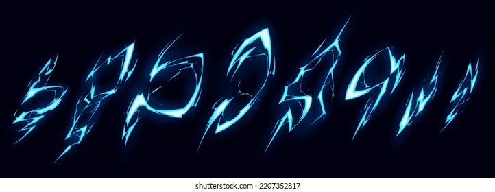 Cartoon lightning bolt effect isolated on black background. Neon blue and white glowing traces from magic power strike. Natural electricity discharge vfx. Game design elements. Vector illustration set