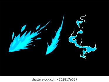 Cartoon lightning bolt effect isolated on black and Blue fire flame flat cartoon