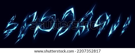 Cartoon lightning bolt effect isolated on black background. Neon blue and white glowing traces from magic power strike. Natural electricity discharge vfx. Game design elements. Vector illustration set