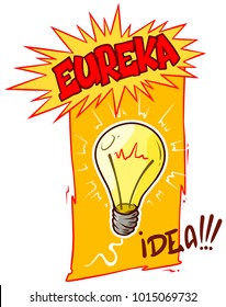 Cartoon Lightning Bulb With Comic Splash Text Eureka, Idea. Vector Icon.