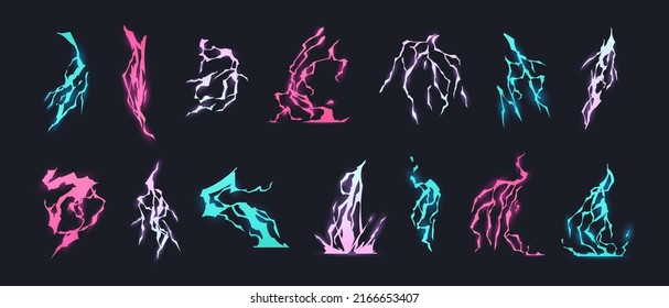 Cartoon lightning effect. Thunderbolt strike comic sprite asses for 2D game, lightning natural electricity discharge clip art collection. Vector isolated set. Colorful glowing electric sparks - Shutterstock ID 2166653407