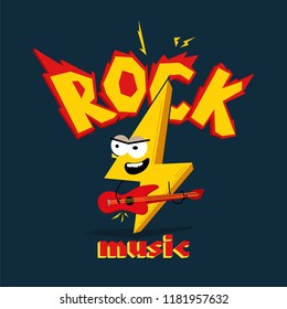Cartoon lightning playing on the guitar. Caption " Rock music"