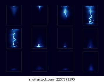 Cartoon lightning sprite animation. Blue vector thunderbolt strikes animated sheet, sequence frame vfx effect. Electric thunder impact at night, isolated sparking discharge hit storyboard