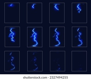 Efecto de animación de rayo de dibujos animados, juego vectorial fx ui. Tormenta de truenos y relámpagos con láminas de sol azul o destellos con secuencias de movimiento animadas. Marco de animación de tormentas