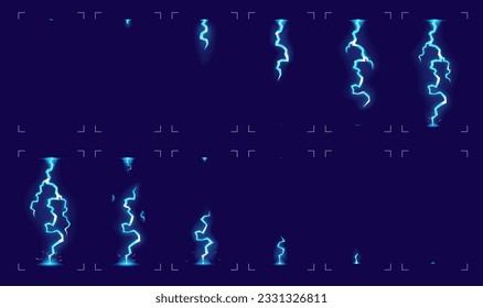 Cartoon lightning sprite animation, thunderbolt sprite sheet with electric thunder, vector effect for game. Lightning animation of light energy or thunderbolt flash in FX animated frame sprite sheet