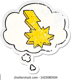 cartoon lightning strike with thought bubble as a distressed worn sticker