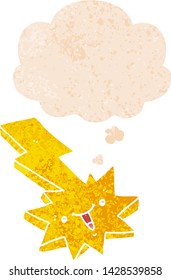 cartoon lightning strike with thought bubble in grunge distressed retro textured style