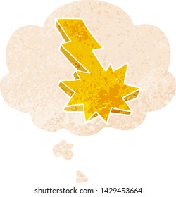 cartoon lightning strike with thought bubble in grunge distressed retro textured style