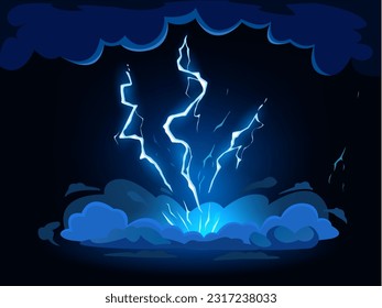 Cartoon lightning strike. Thunderbolt hit from thunderstorm clouds, shock flash effect vector illustration. Stormy weather blue glowing bolt from sky. Dangerous cartoon energy blast