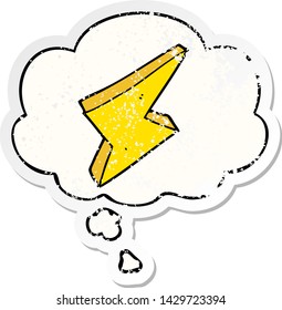 cartoon lightning with thought bubble as a distressed worn sticker