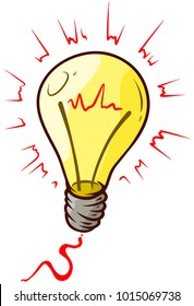 Cartoon lightning yellow bulb with red shine. Vector icon.