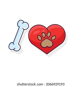 Cartoon like dog concept.dog bone with heart and dog paw Vector Illustration Isolated On white Background.