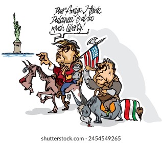 Cartoon like drawing depicting Donald Trump and Viktor Orban as Don Quihote and Sancho Panza as buddies meeting in the USA svg