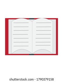 Cartoon like vector of an oepn book with pages bent and gray lines representing lines of text. The red cover peaks from behind the pages. All this is set on a white background.