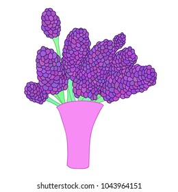 Cartoon lilac bouquet in simple pink vase. Vector illustration isolated on white background.