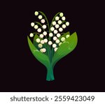 Cartoon Lily of the valley flowers with green leaves. Vector Delicate Valentines Day bouquet, small, white, bell shaped blooms and leaves symbolize purity, love, sweetness, renewal and springtime