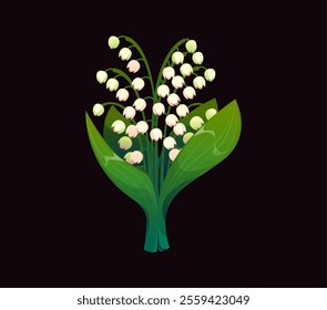 Cartoon Lily of the valley flowers with green leaves. Vector Delicate Valentines Day bouquet, small, white, bell shaped blooms and leaves symbolize purity, love, sweetness, renewal and springtime