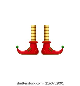 Cartoon limbs, elf legs in red noisy shoes and striped yellow stockings isolated foot elements. Vector carnival costume clothing of Santa helper. Fairy gnome or clown legs, Halloween party footwear