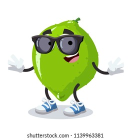 cartoon lime character mascot in black sunglasses on a white background