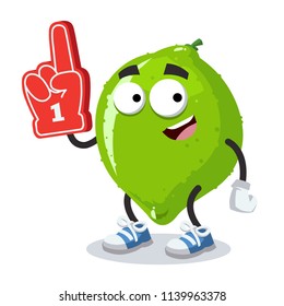cartoon lime character mascot with the number 1 one sports fan hand glove on a white background