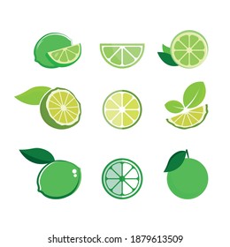 Cartoon lime. Limes slices, green citrus fruit with leaves and lime blossom isolated vector illustration set. Lime citrus fruit, green and juicy, juice vitamin organic