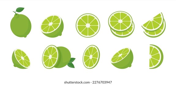 Cartoon lime. Limes slices, green citrus fruit with leaves and lime blossom isolated vector illustration set. Lime citrus fruit, green and juicy, juice vitamin organic. Vector illustration.