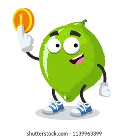 cartoon lime mascot keeps the coin on white background