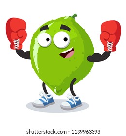 cartoon lime mascot in red boxing gloves on white background