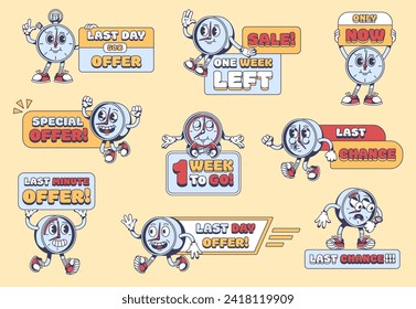 Cartoon limited time promo banners. Last day special offer stopwatch mascot, last minute, hour and week chance sale label with clock character vector illustration of limited sale time, countdown