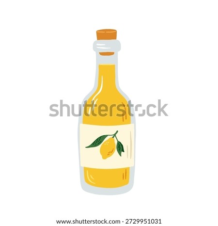Cartoon limoncello bottle vector illustration. Hand drawn Italian lemon liqueur on white background