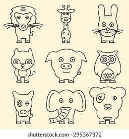 Cartoon line animals. Lion, giraffe, rabbit, fox, pig, owl, dog, elephant, panda