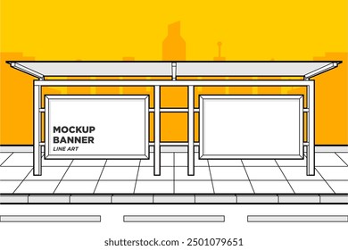 Cartoon Linie Kunst Bushaltestelle Plakatwand Motiv mit gelbem Vektorhintergrund