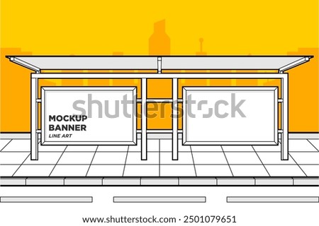 Cartoon line art bus stop billboard mockup with yellow vector background