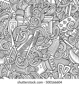 Cartoon line art cute doodles hairdressing salon seamless pattern. Detailed, with lots of objects background. Endless vector illustration.