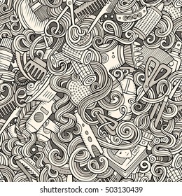 Cartoon line art cute doodles hairdressing salon seamless pattern. Detailed, with lots of objects background. Endless vector illustration.