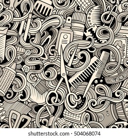 Cartoon line art cute doodles hairdressing salon seamless pattern. Detailed, with lots of objects background. Endless vector illustration.