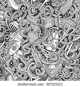 Cartoon line art cute doodles hairdressing salon seamless pattern. Detailed, with lots of objects background. Endless vector illustration.