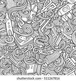 Cartoon line art cute doodles hairdressing salon seamless pattern. Detailed, with lots of objects background. Endless vector illustration.