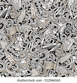 Cartoon line art cute doodles hairdressing salon seamless pattern. Detailed, with lots of objects background. Endless vector illustration.