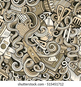 Cartoon line art cute doodles hairdressing salon seamless pattern. Detailed, with lots of objects background. Endless vector illustration.