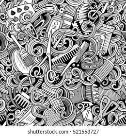Cartoon line art cute doodles hairdressing salon seamless pattern. Detailed, with lots of objects background. Endless vector illustration.
