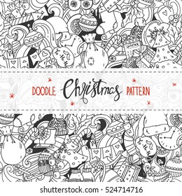 Cartoon line art cute doodles christmas and new year seamless pattern. Detailed, with lots of objects background. Endless vector illustration with lettering