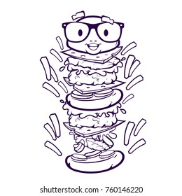 Cartoon line art of double cheeseburger with fries potatoes, vector illustration isolated on white background