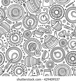 Cartoon line art hand-drawn coffee, coffee shop, cafe, tea, sweets seamless pattern. Lots of symbols, objects and elements. Perfect funny vector background.