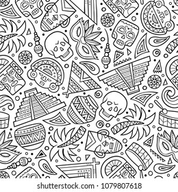 Cartoon line art hand-drawn latin american, mexican seamless pattern. Lots of symbols, objects and elements. Perfect funny vector background.