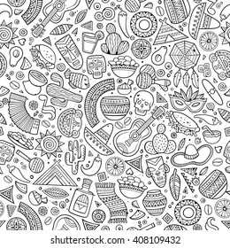 Cartoon line art hand-drawn latin american, mexican seamless pattern. Lots of symbols, objects and elements. Perfect funny vector background.